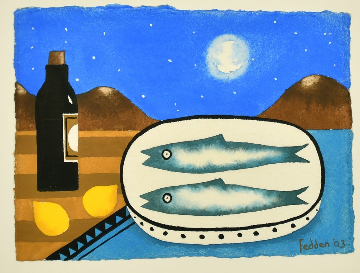 Mary Fedden (1915-2012) British, Still life with fish on a platter, lemons and a bottle, watercolour, signed in pencil