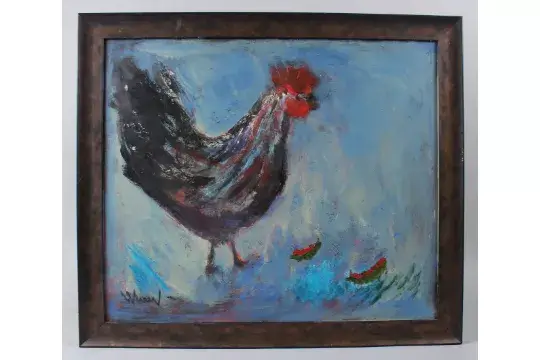 Orhan Peker, Turkish. A colourful cockerel, oil on board. Signed