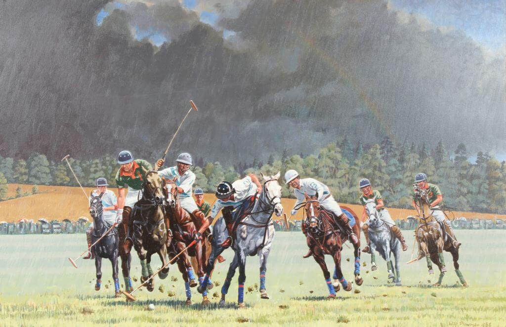 A Polo match oil painting by Wilf Plowman showing riders including Prince Charles and Anthony Embiricos. Signed,