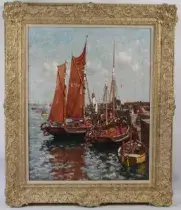 Gyrth Russell (1892-1970). Sailing boats in harbour oil on canvas