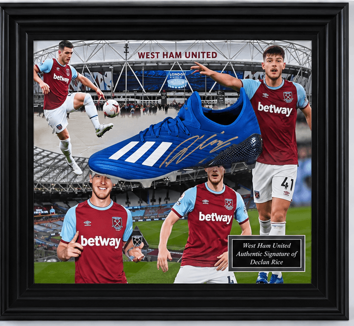 A framed Declan Rice hand signed West Ham United boot