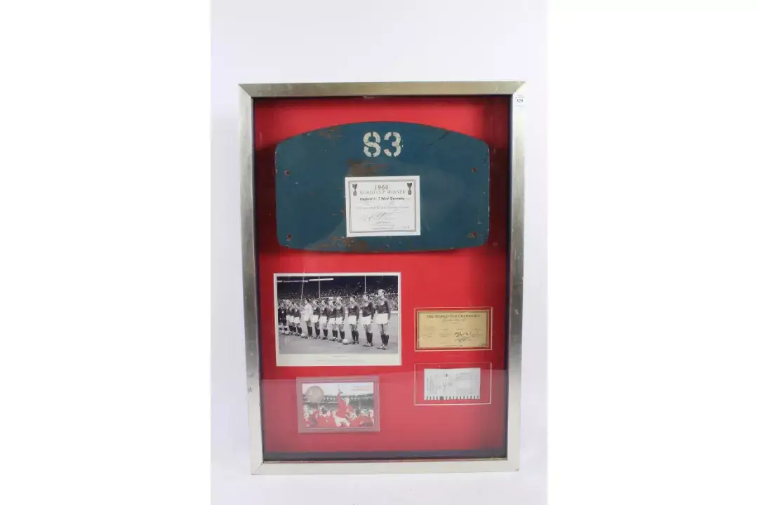 An original 1966 seat back No. 83, No. 479. Signatures of Alan Ball, Jack Charlton, Roger Hunt, Nobby Stiles, Geoff