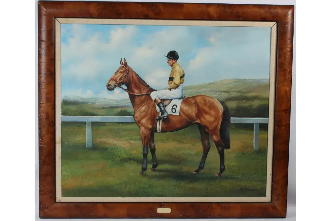 Max Brandrett 'The Arkle' portrait of a racehorse with jockey, oil on