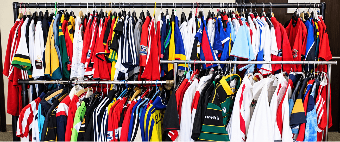A large selection of sporting attire, some signed. Sporting