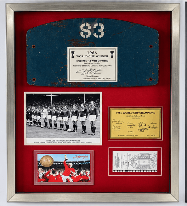 An original 1966 seat back No. 83, No. 479. Signatures of Alan Ball, Jack Charlton, Roger Hunt, Nobby Stiles, Geoff